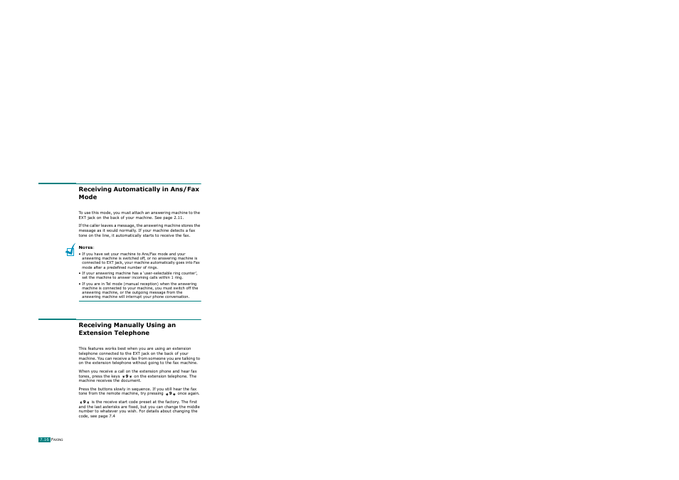 Receiving automatically in ans/fax mode, Receiving manually using an extension telephone | Ricoh AC122 User Manual | Page 163 / 278