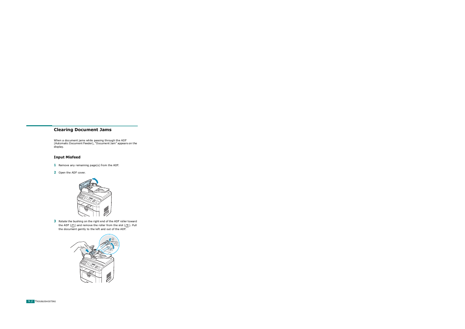 Clearing document jams, Input misfeed | Ricoh AC122 User Manual | Page 205 / 278