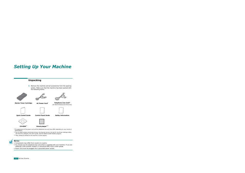 Unpacking, Setting up your machine | Ricoh AC122 User Manual | Page 27 / 278