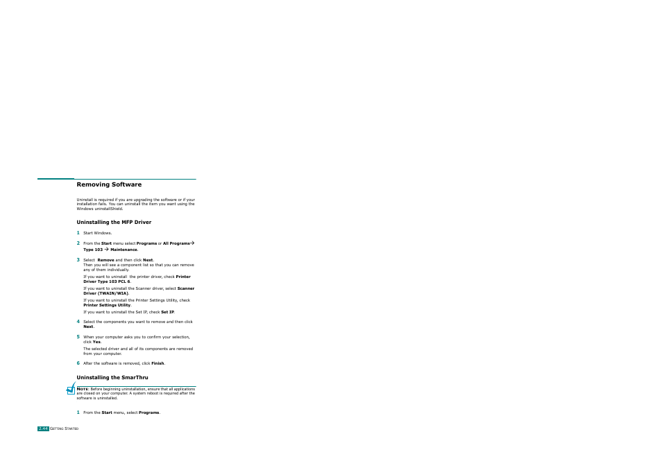 Removing software, Uninstalling the mfp driver, Uninstalling the smarthru | Ricoh AC122 User Manual | Page 69 / 278