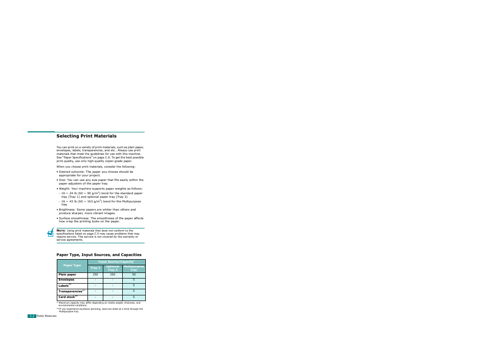 Selecting print materials, Paper type, input sources, and capacities | Ricoh AC122 User Manual | Page 79 / 278