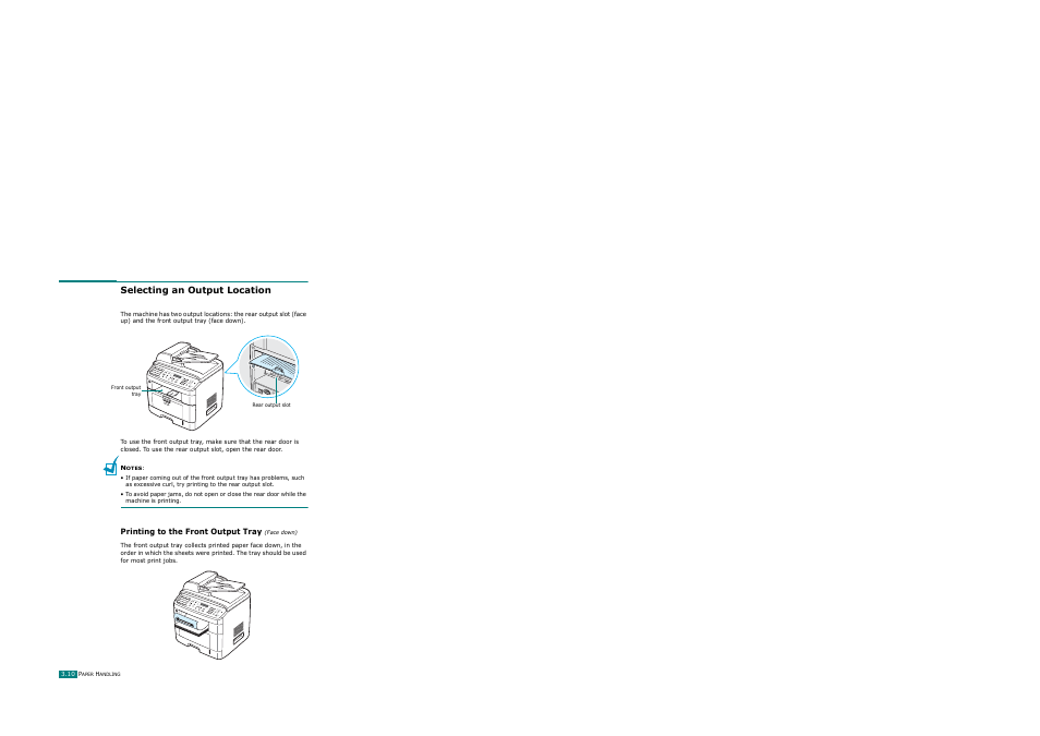 Selecting an output location, Printing to the front output tray (face down) | Ricoh AC122 User Manual | Page 87 / 278