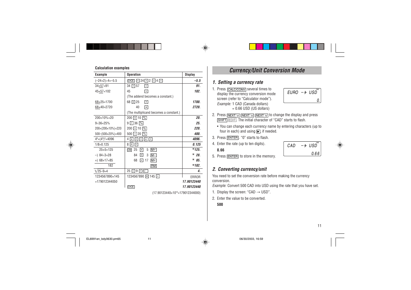 Currency/unit conversion mode, Setting a currency rate, Converting currency/unit | Ricoh EL-6991 User Manual | Page 13 / 24