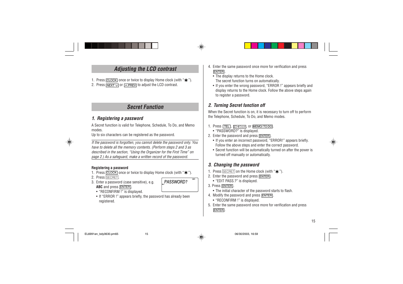Adjusting the lcd contrast, Secret function | Ricoh EL-6991 User Manual | Page 17 / 24