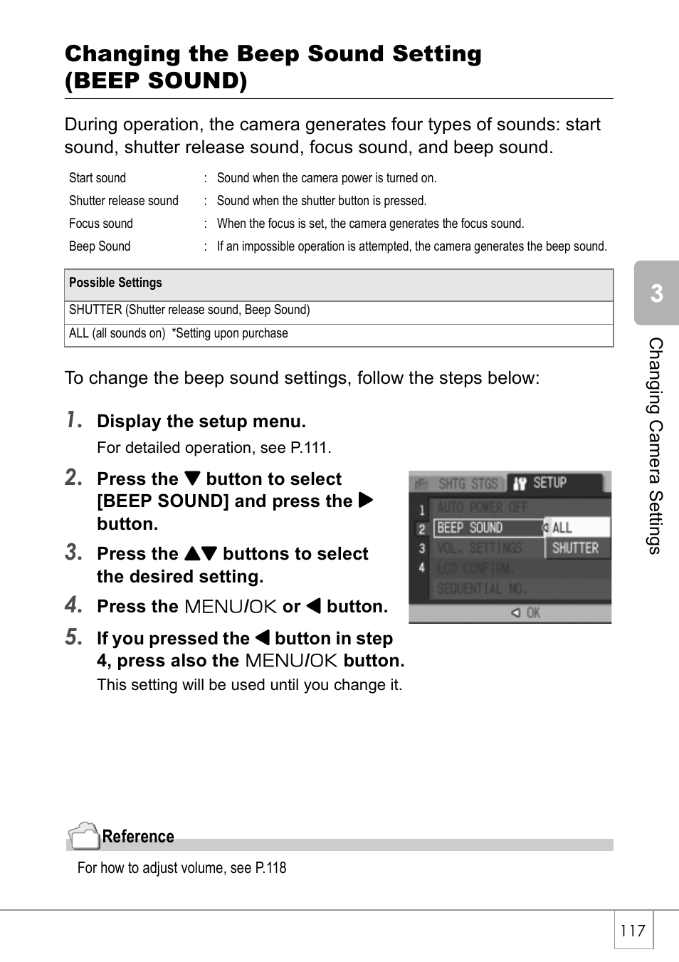 Changing the beep sound setting (beep sound) | Ricoh Caplio R 3 User Manual | Page 119 / 184