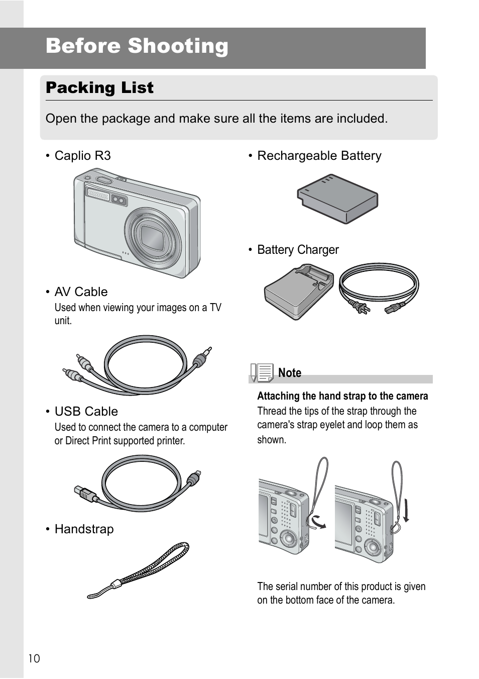 Before shooting, Packing list | Ricoh Caplio R 3 User Manual | Page 12 / 184