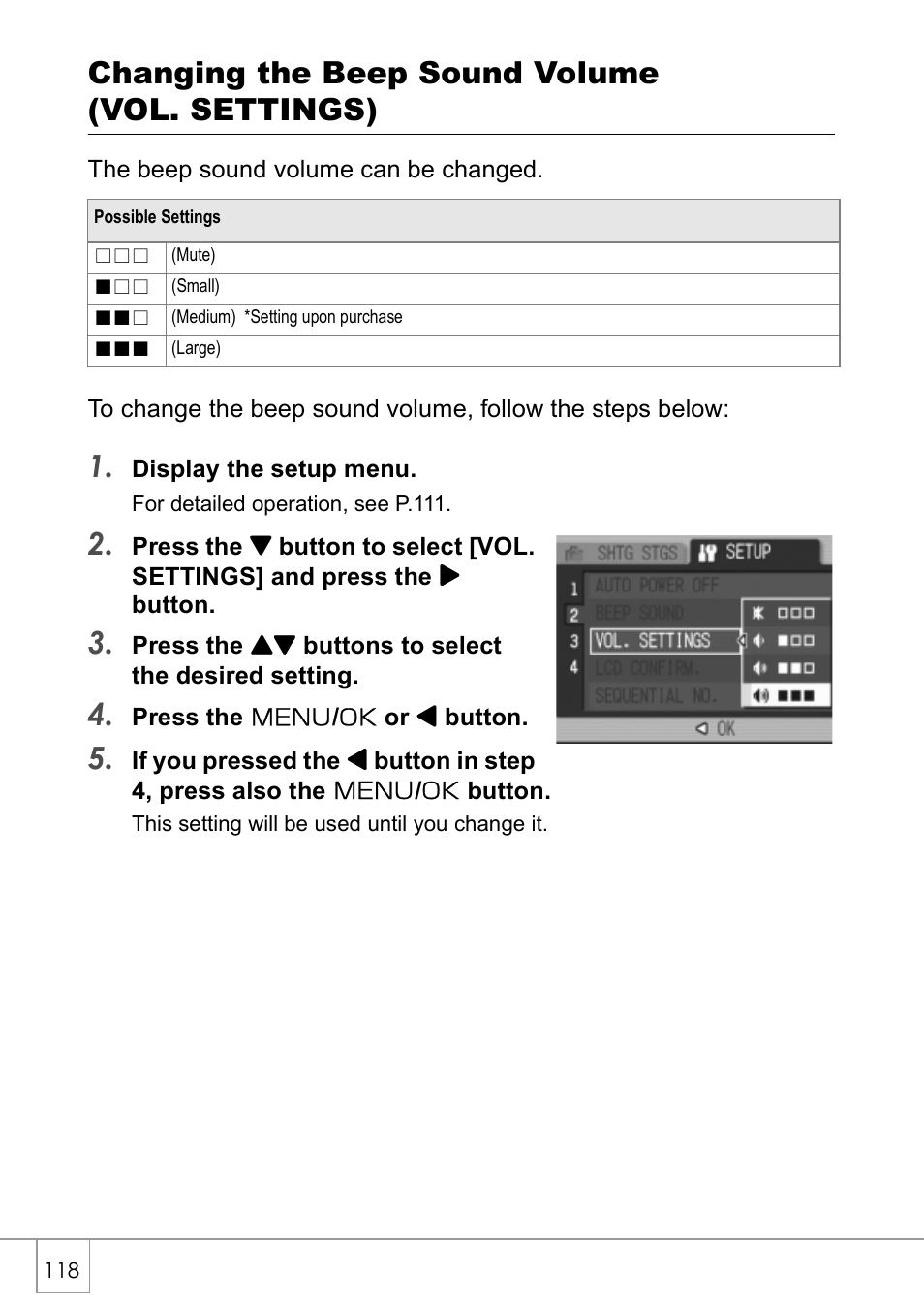 Changing the beep sound volume (vol. settings) | Ricoh Caplio R 3 User Manual | Page 120 / 184