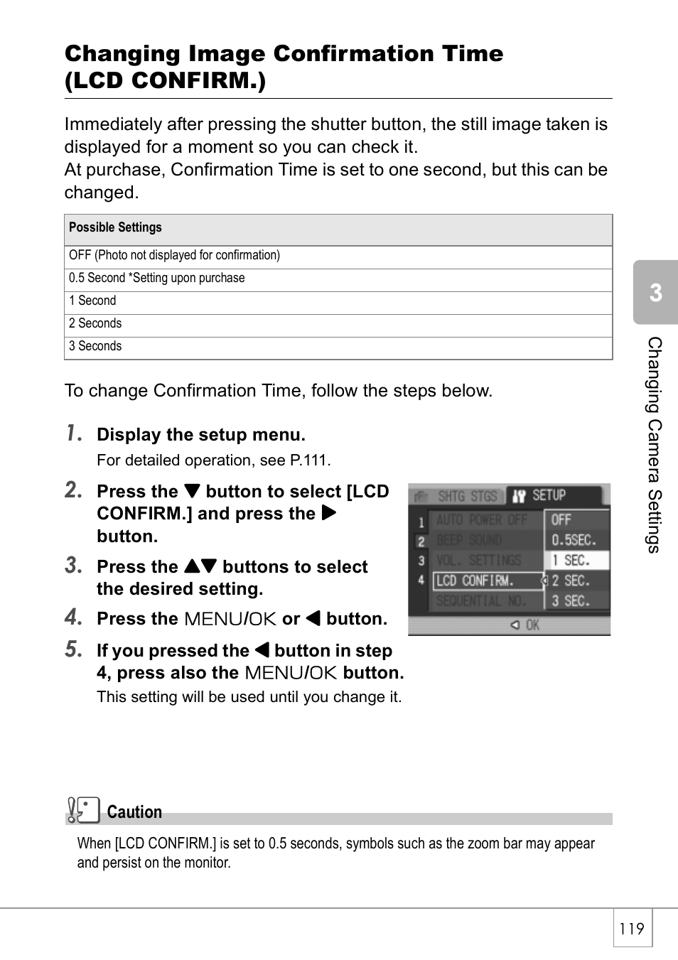 Changing image confirmation time (lcd confirm.) | Ricoh Caplio R 3 User Manual | Page 121 / 184