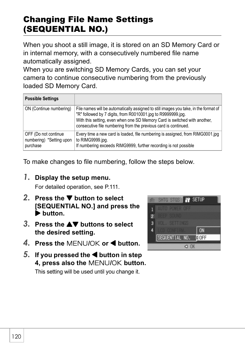 Changing file name settings (sequential no.) | Ricoh Caplio R 3 User Manual | Page 122 / 184