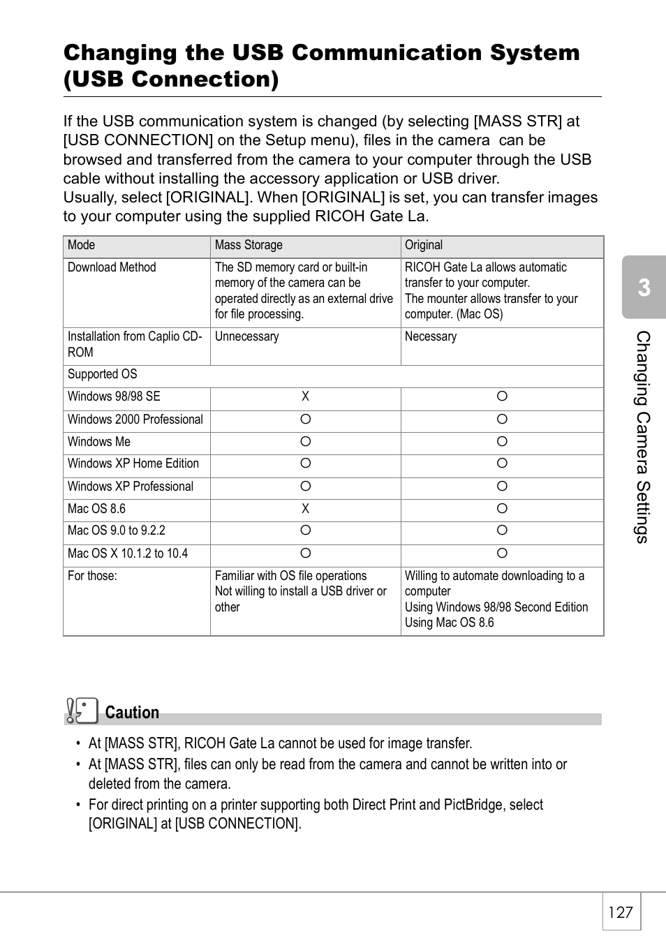 Ch angi n g cam e ra set tings, Caution | Ricoh Caplio R 3 User Manual | Page 129 / 184