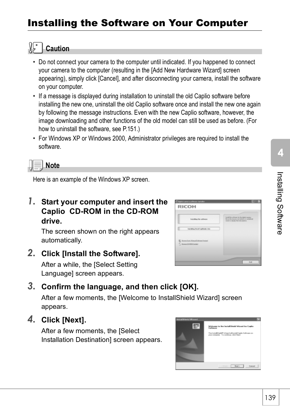 Installing the software on your computer | Ricoh Caplio R 3 User Manual | Page 141 / 184