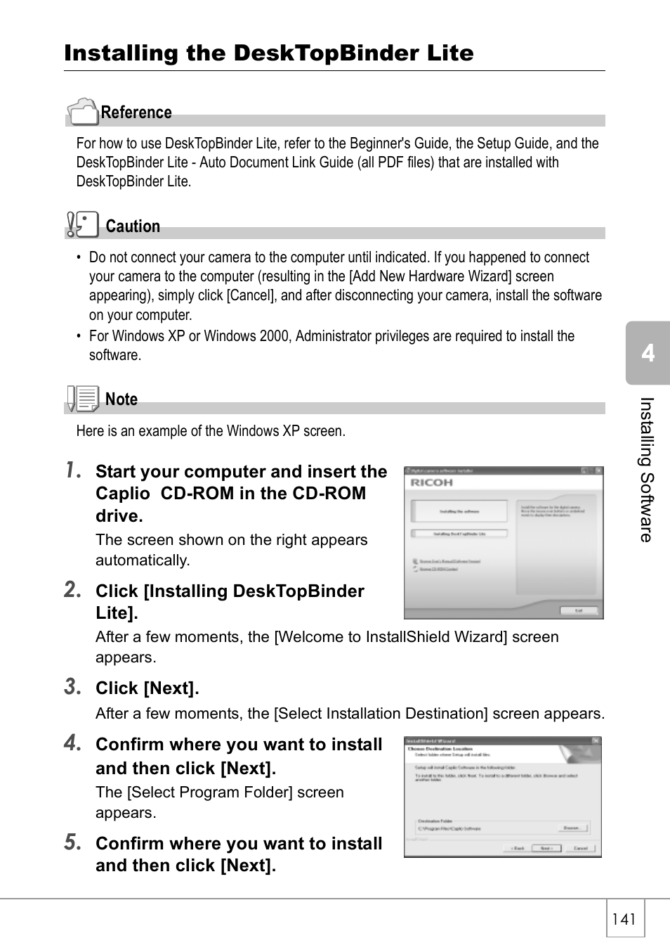 Installing the desktopbinder lite | Ricoh Caplio R 3 User Manual | Page 143 / 184