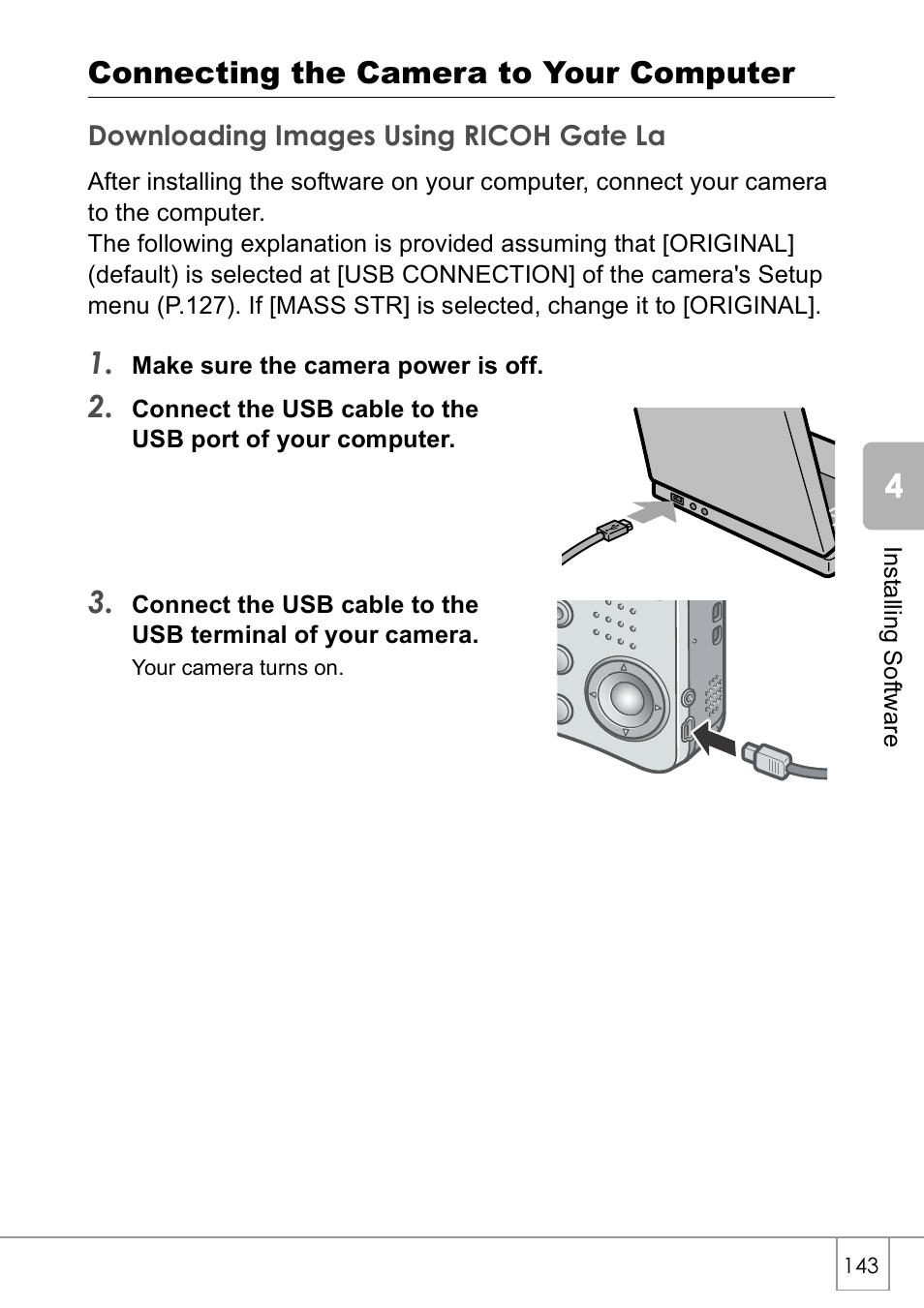 Connecting the camera to your computer | Ricoh Caplio R 3 User Manual | Page 145 / 184