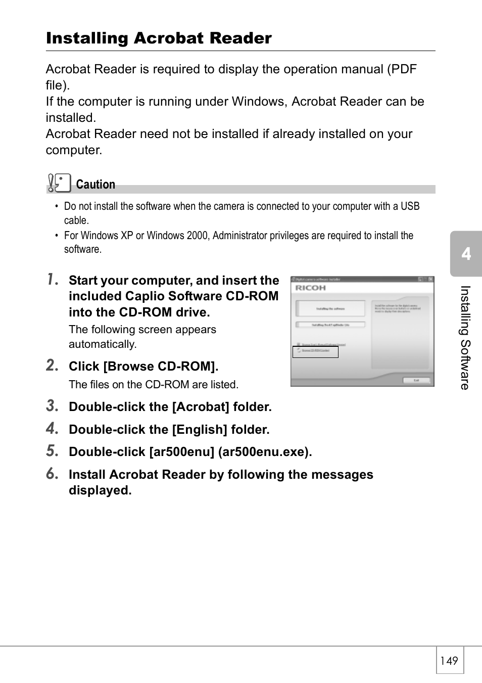 Installing acrobat reader | Ricoh Caplio R 3 User Manual | Page 151 / 184