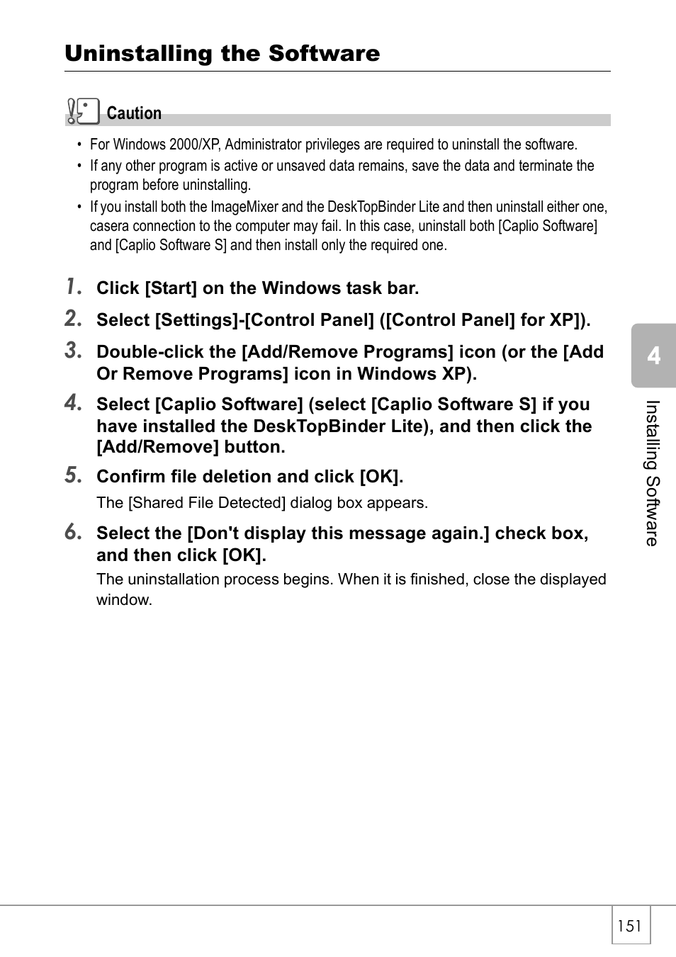 Uninstalling the software | Ricoh Caplio R 3 User Manual | Page 153 / 184