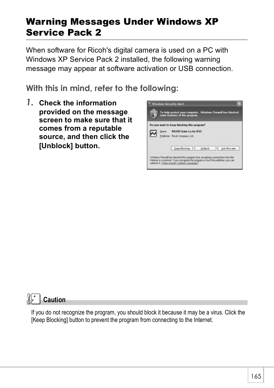 Warning messages under windows xp service pack 2 | Ricoh Caplio R 3 User Manual | Page 167 / 184