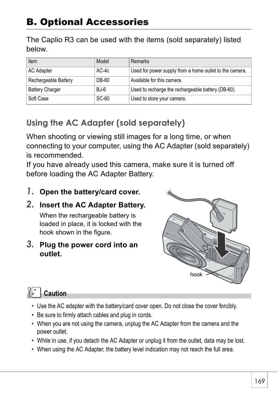 B. optional accessories, Using the ac adapter (sold separately) | Ricoh Caplio R 3 User Manual | Page 171 / 184