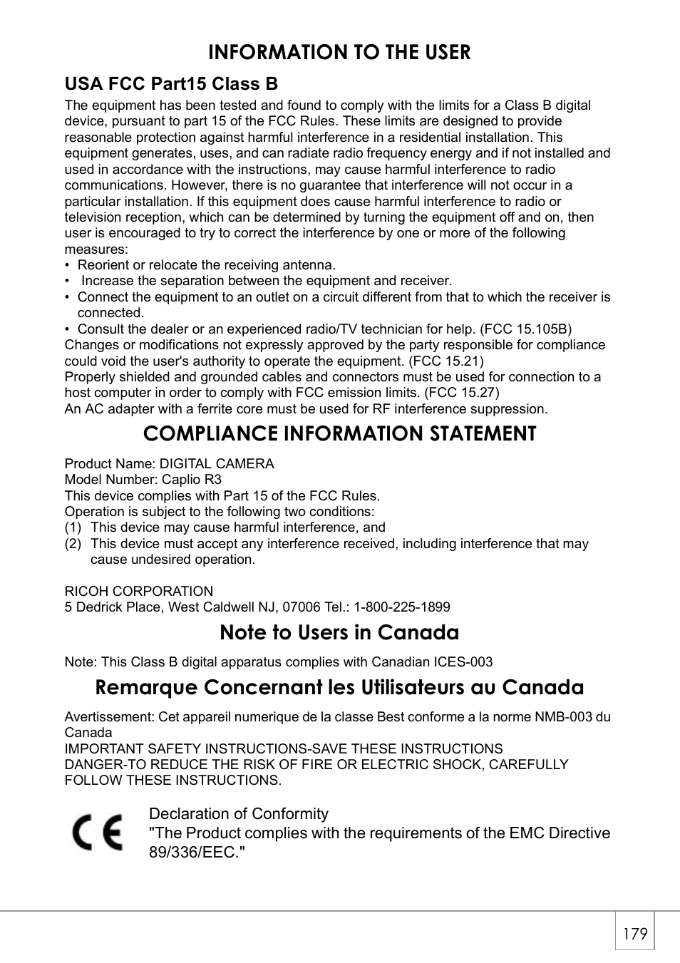 Information to the user, Compliance information statement, Remarque concernant les utilisateurs au canada | Ricoh Caplio R 3 User Manual | Page 181 / 184