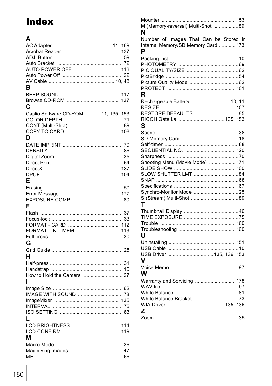 Index | Ricoh Caplio R 3 User Manual | Page 182 / 184