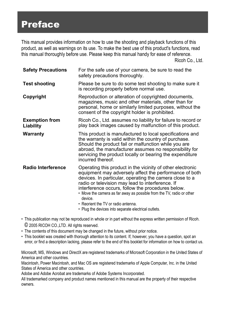 Preface | Ricoh Caplio R 3 User Manual | Page 2 / 184
