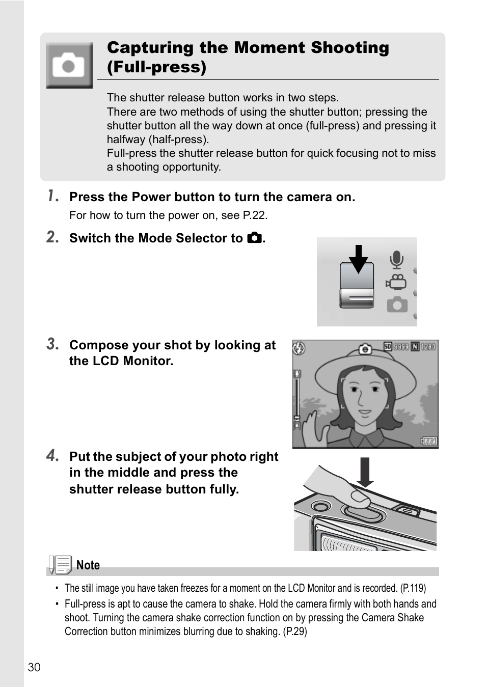 Capturing the moment shooting (full-press) | Ricoh Caplio R 3 User Manual | Page 32 / 184
