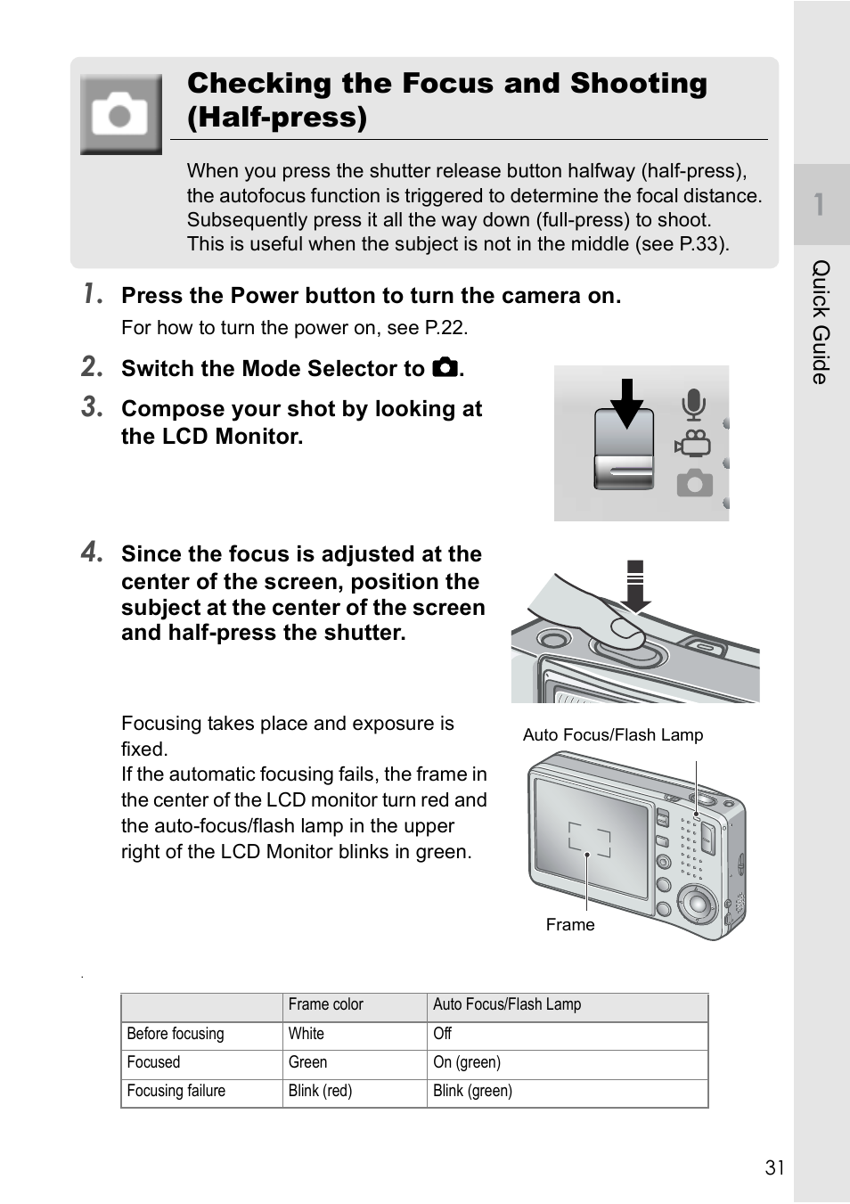 Checking the focus and shooting (half-press) | Ricoh Caplio R 3 User Manual | Page 33 / 184