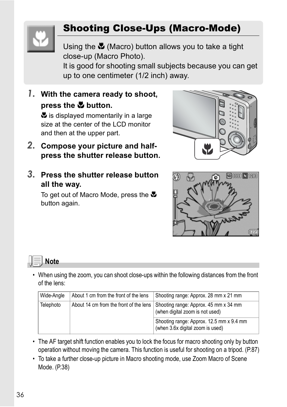 Shooting close-ups (macro-mode) | Ricoh Caplio R 3 User Manual | Page 38 / 184