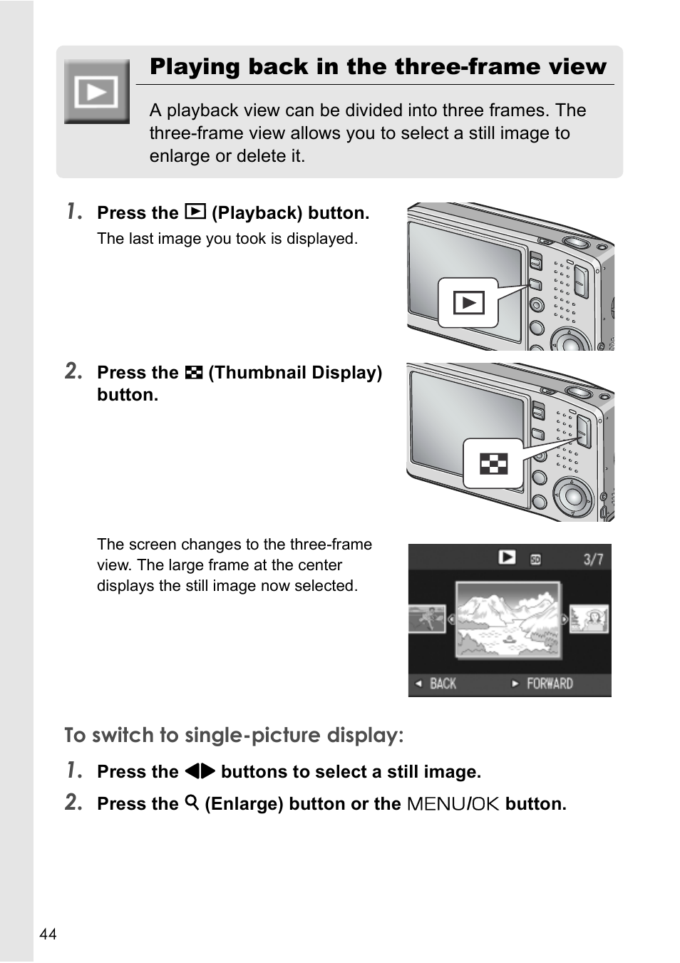 Playing back in the three-frame view | Ricoh Caplio R 3 User Manual | Page 46 / 184