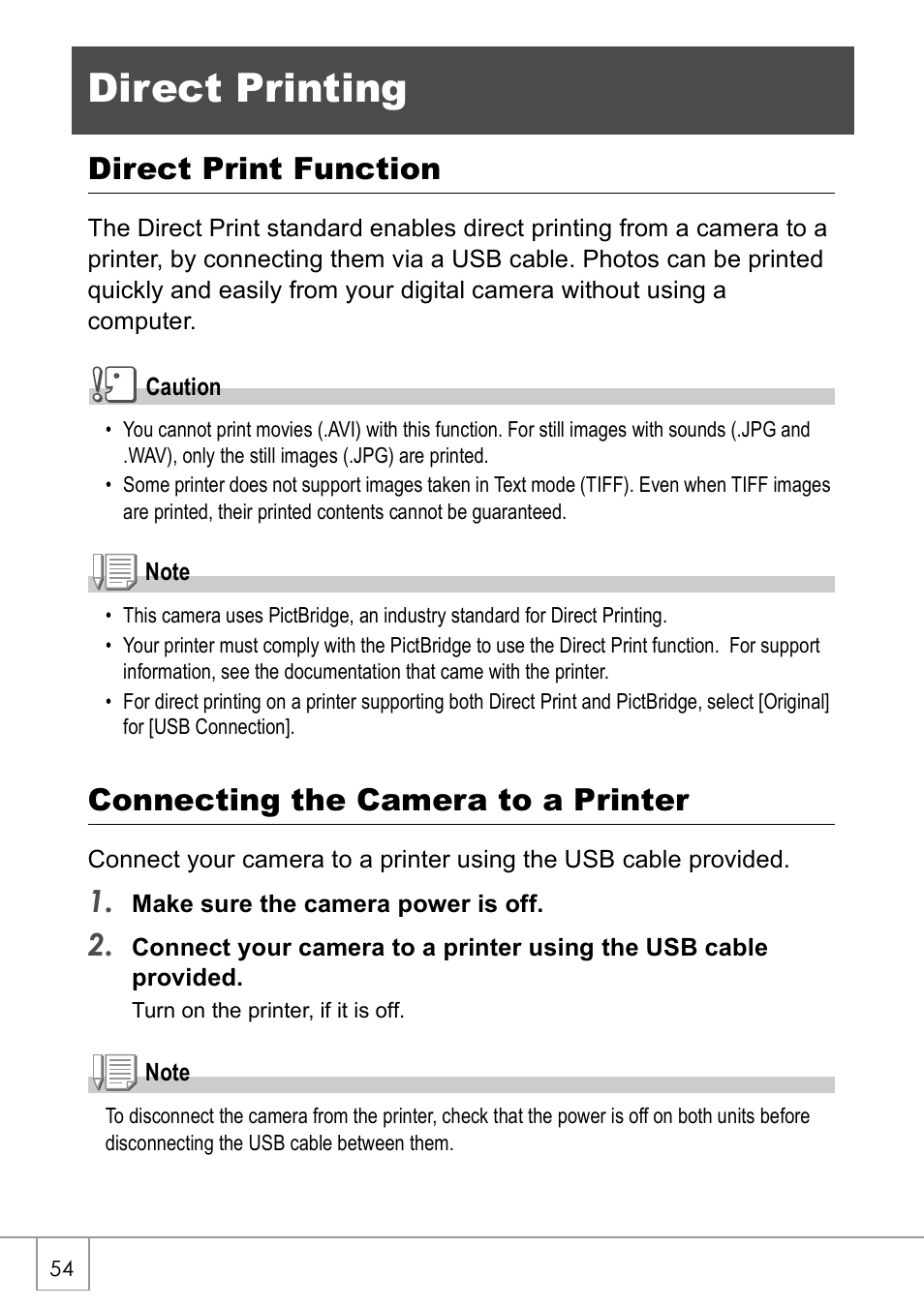Direct printing, Direct print function, Connecting the camera to a printer | Ricoh Caplio R 3 User Manual | Page 56 / 184
