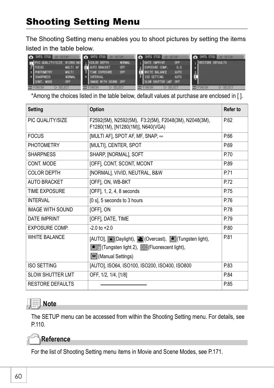 Shooting setting menu, Reference | Ricoh Caplio R 3 User Manual | Page 62 / 184