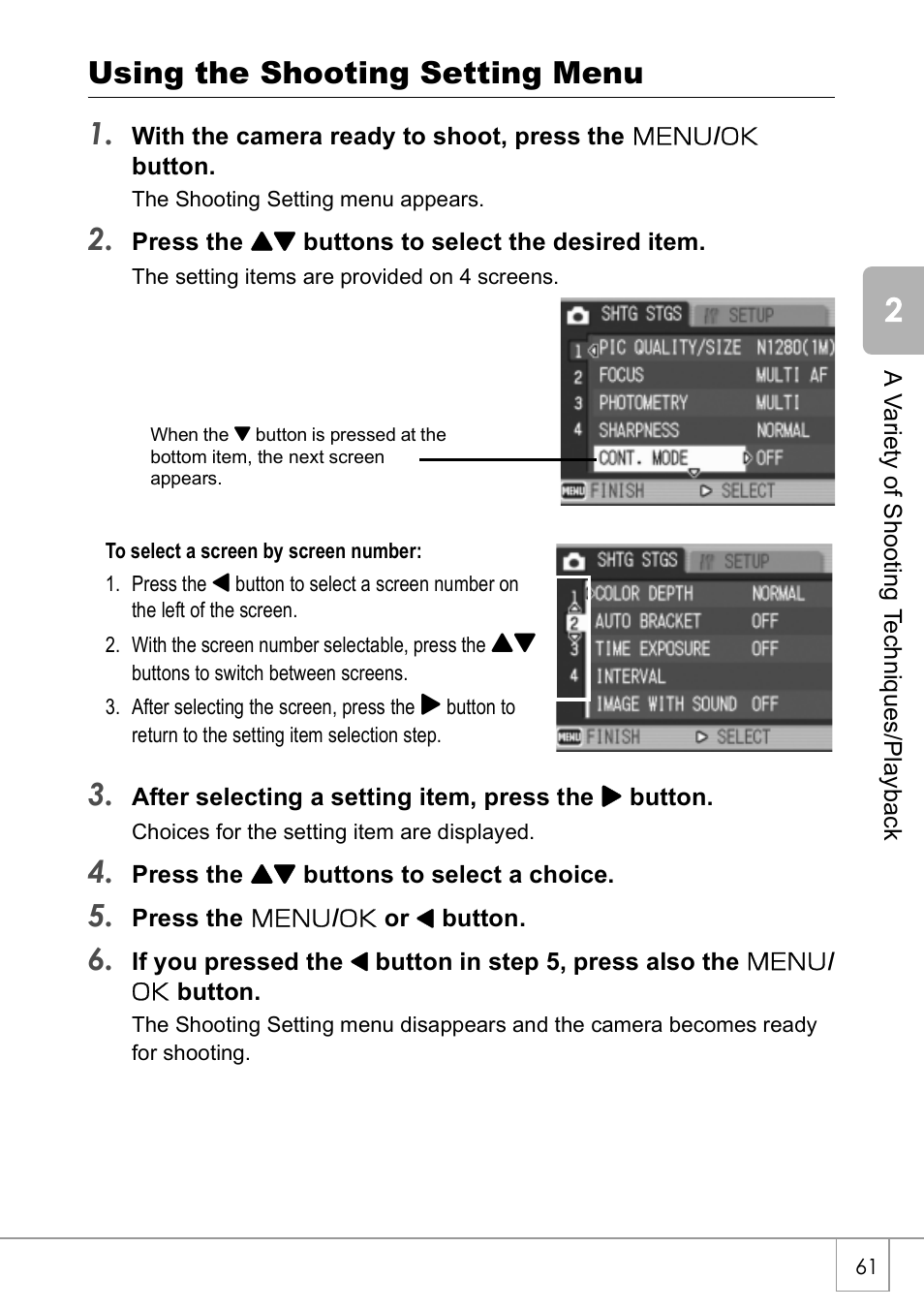 Using the shooting setting menu 1 | Ricoh Caplio R 3 User Manual | Page 63 / 184