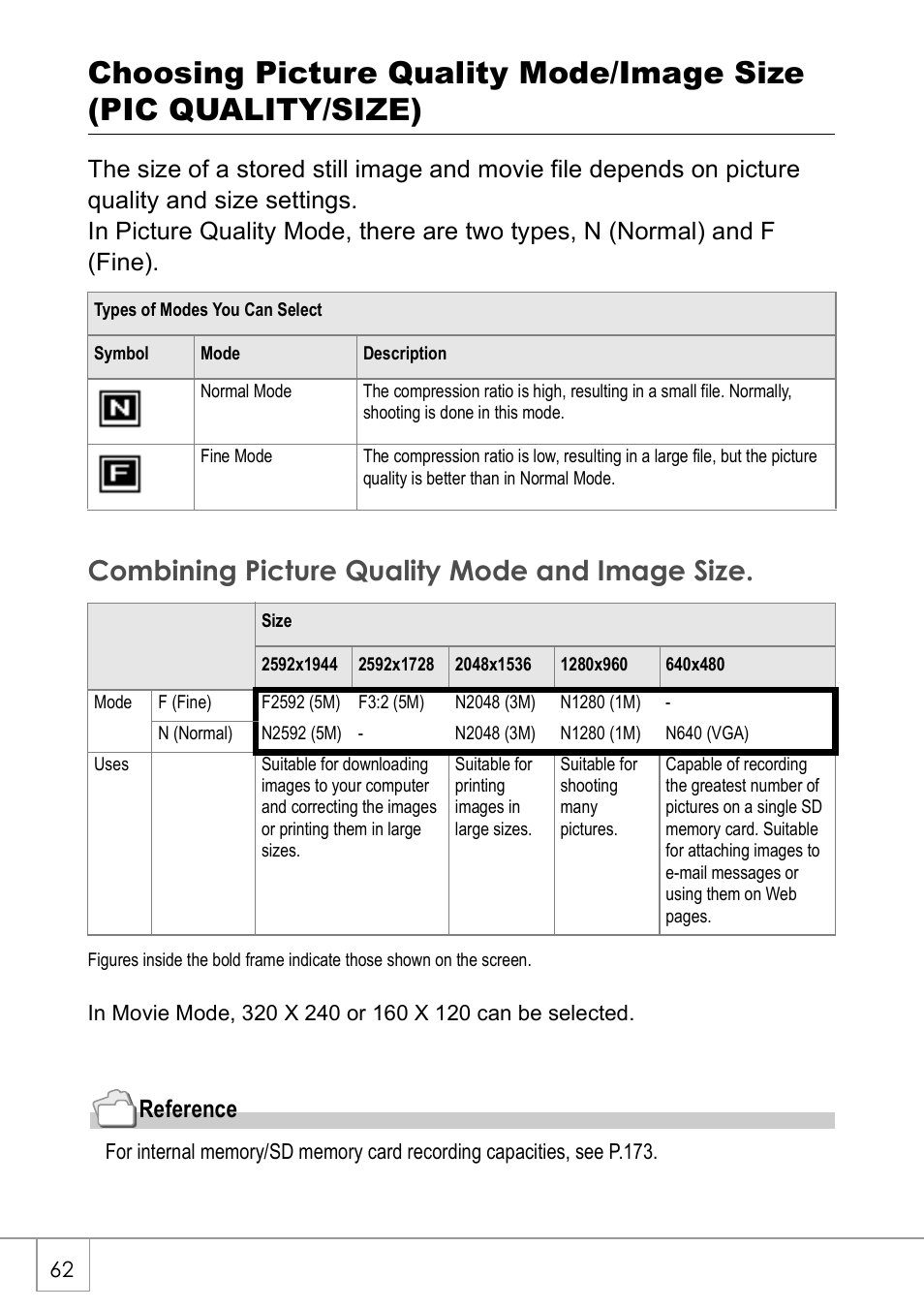 Combining picture quality mode and image size, Reference | Ricoh Caplio R 3 User Manual | Page 64 / 184