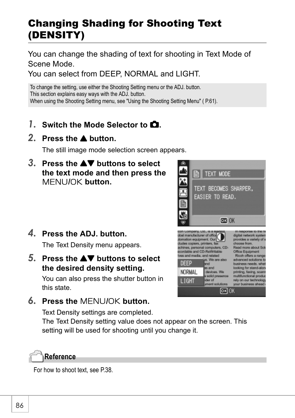 Changing shading for shooting text (density) | Ricoh Caplio R 3 User Manual | Page 88 / 184