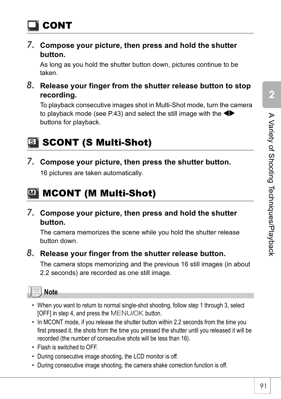 Cont 7, Scont (s multi-shot) 7, Mcont (m multi-shot) 7 | Ricoh Caplio R 3 User Manual | Page 93 / 184