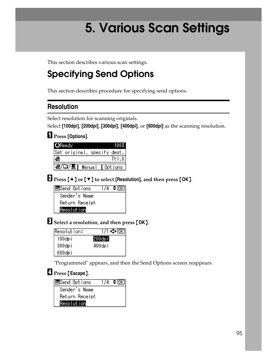 Various scan settings, Specifying send options, Resolution | P.95 “various scan settings | Ricoh H5676 User Manual | Page 103 / 144