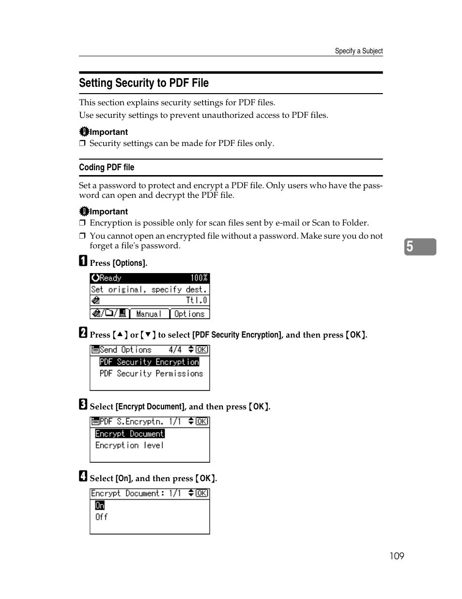 Setting security to pdf file, Coding pdf file | Ricoh H5676 User Manual | Page 117 / 144