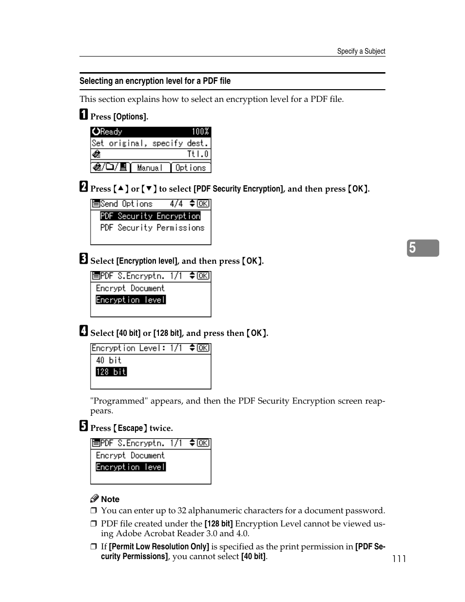 Selecting an encryption level for a pdf file | Ricoh H5676 User Manual | Page 119 / 144