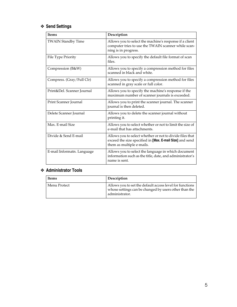 5❖ send settings ❖ administrator tools | Ricoh H5676 User Manual | Page 13 / 144