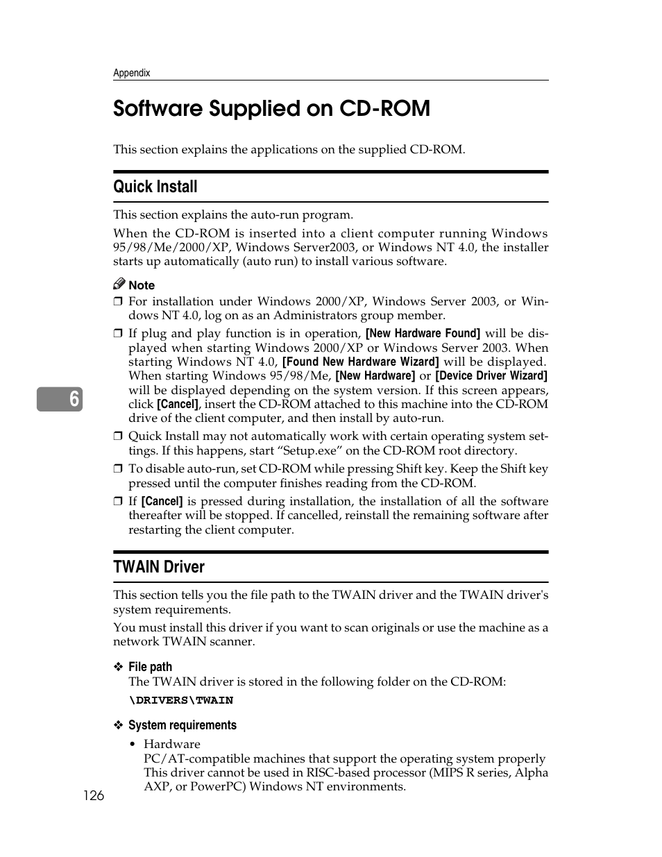 Software supplied on cd-rom, Quick install, Twain driver | Quick install twain driver, 6software supplied on cd-rom | Ricoh H5676 User Manual | Page 134 / 144