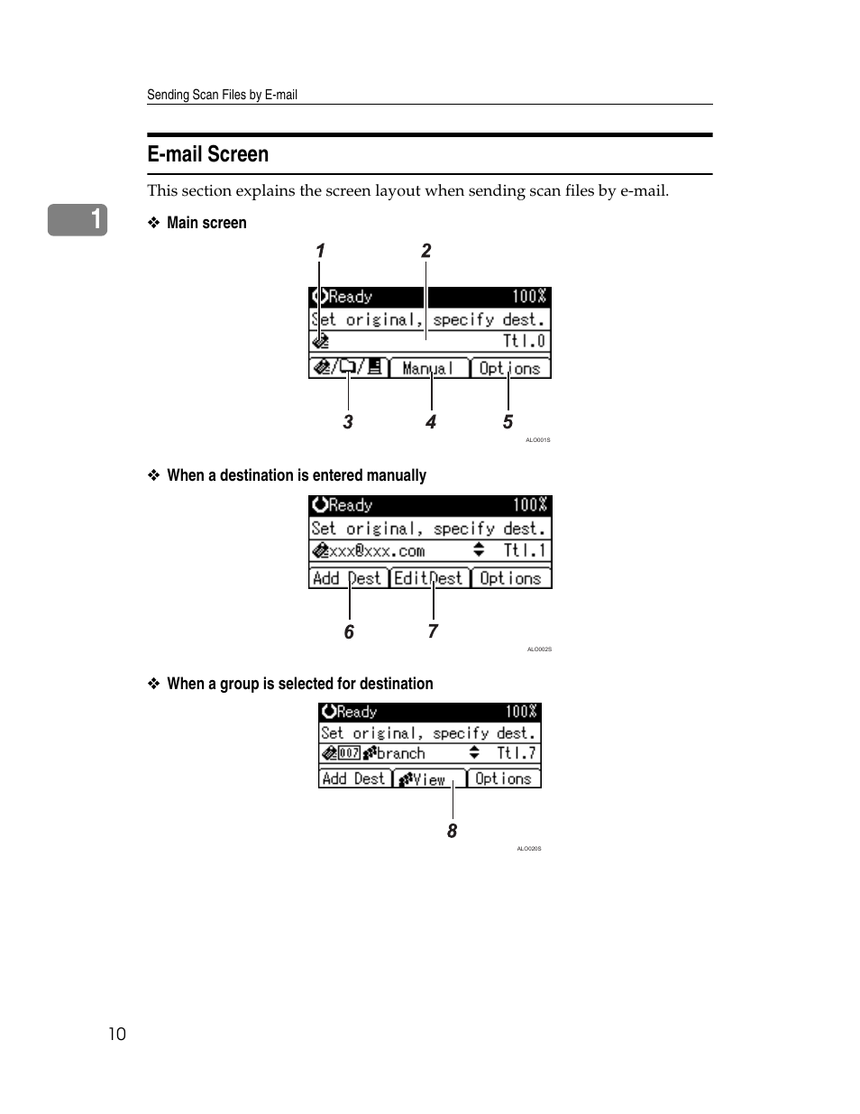E-mail screen, P.10 “e-mail screen | Ricoh H5676 User Manual | Page 18 / 144