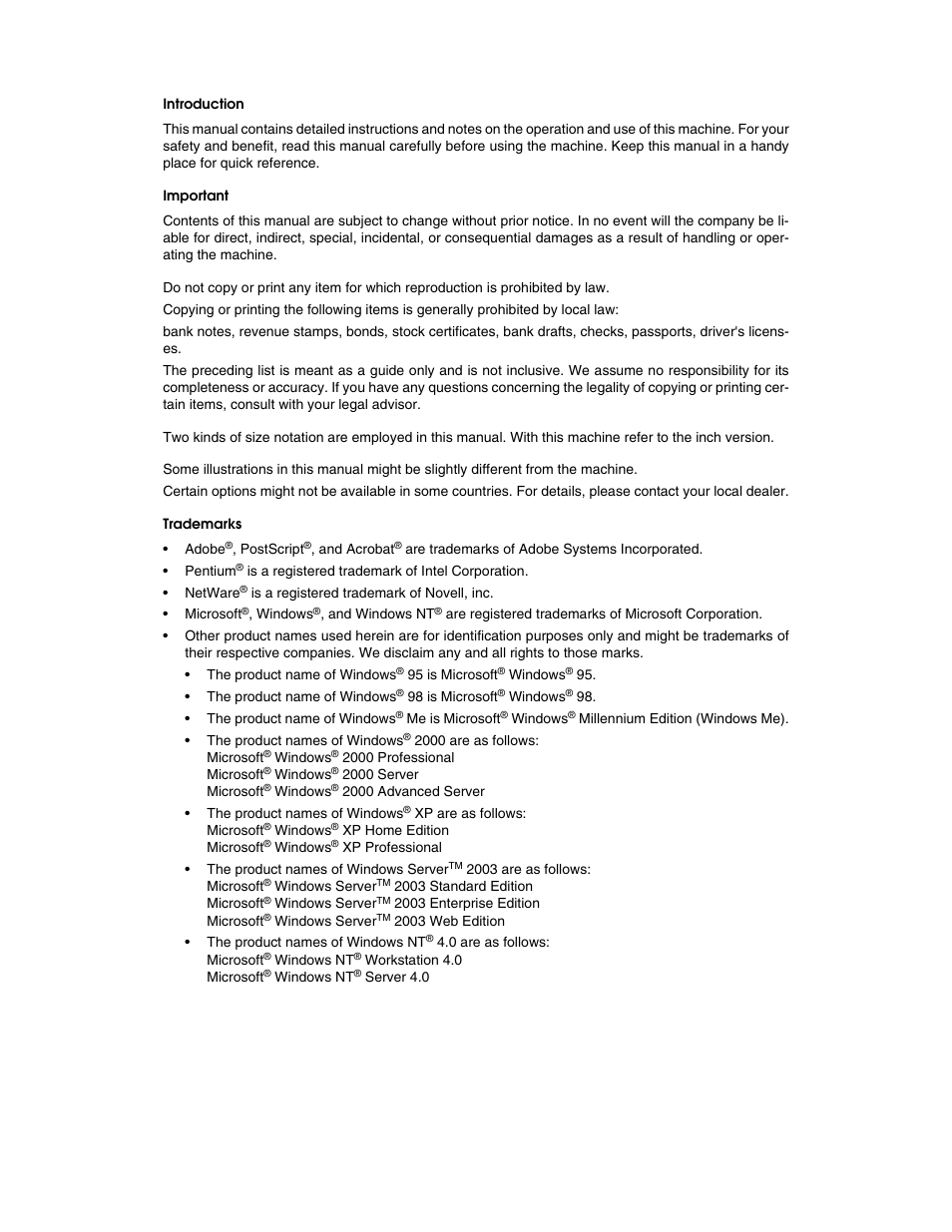Introduction, Important, Trademarks | Ricoh H5676 User Manual | Page 2 / 144