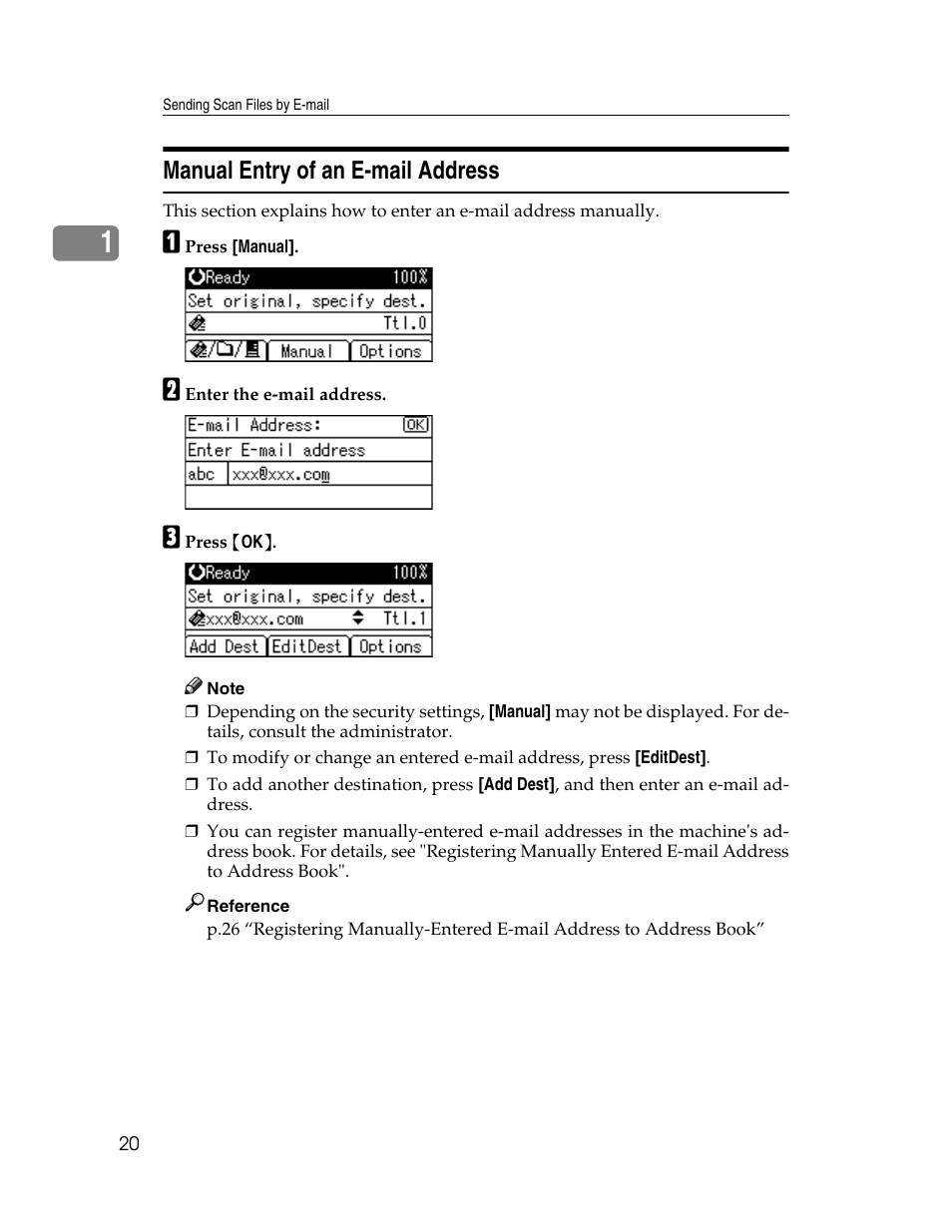 Manual entry of an e-mail address | Ricoh H5676 User Manual | Page 28 / 144