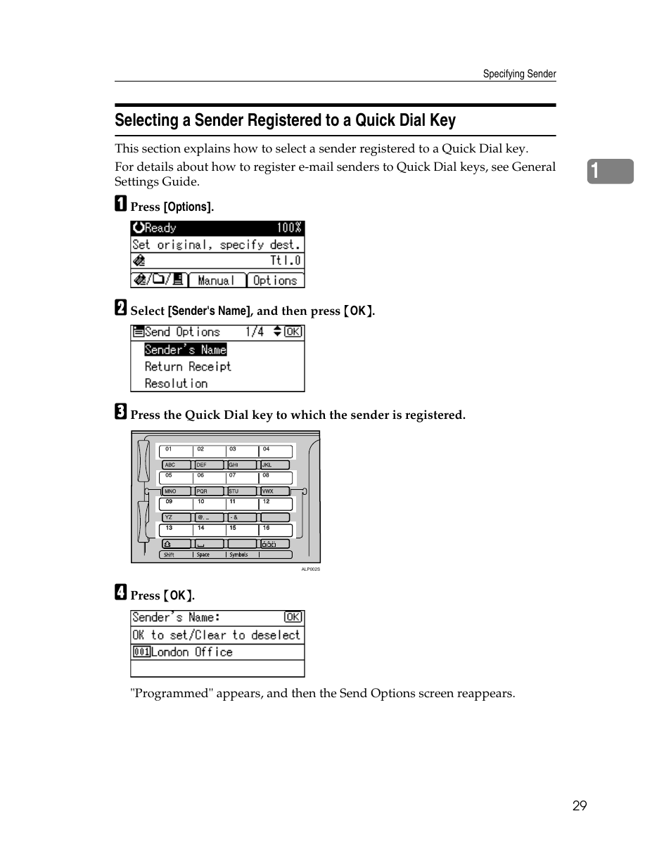 Selecting a sender registered to a quick dial key | Ricoh H5676 User Manual | Page 37 / 144