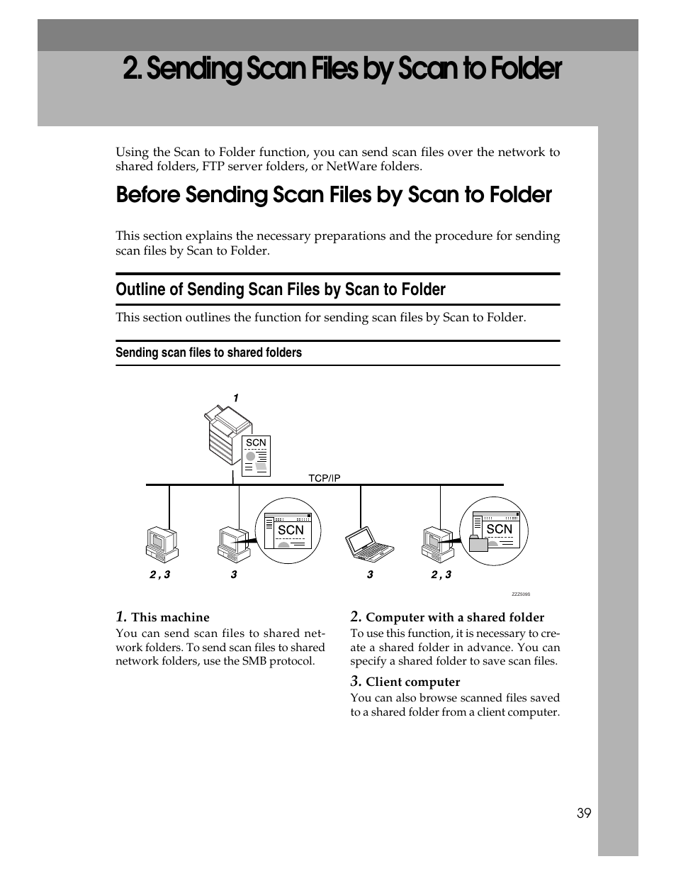 Sending scan files by scan to folder, Before sending scan files by scan to folder, Outline of sending scan files by scan to folder | Sending scan files to shared folders, P.39 “sending scan files by scan to folder | Ricoh H5676 User Manual | Page 47 / 144