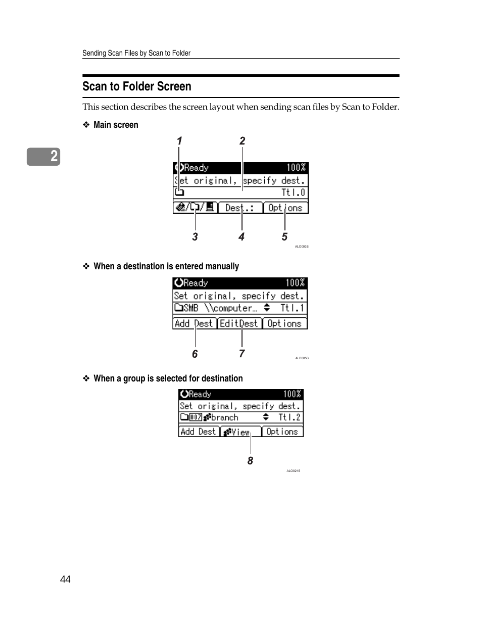 Scan to folder screen, P.44 “scan to folder screen | Ricoh H5676 User Manual | Page 52 / 144