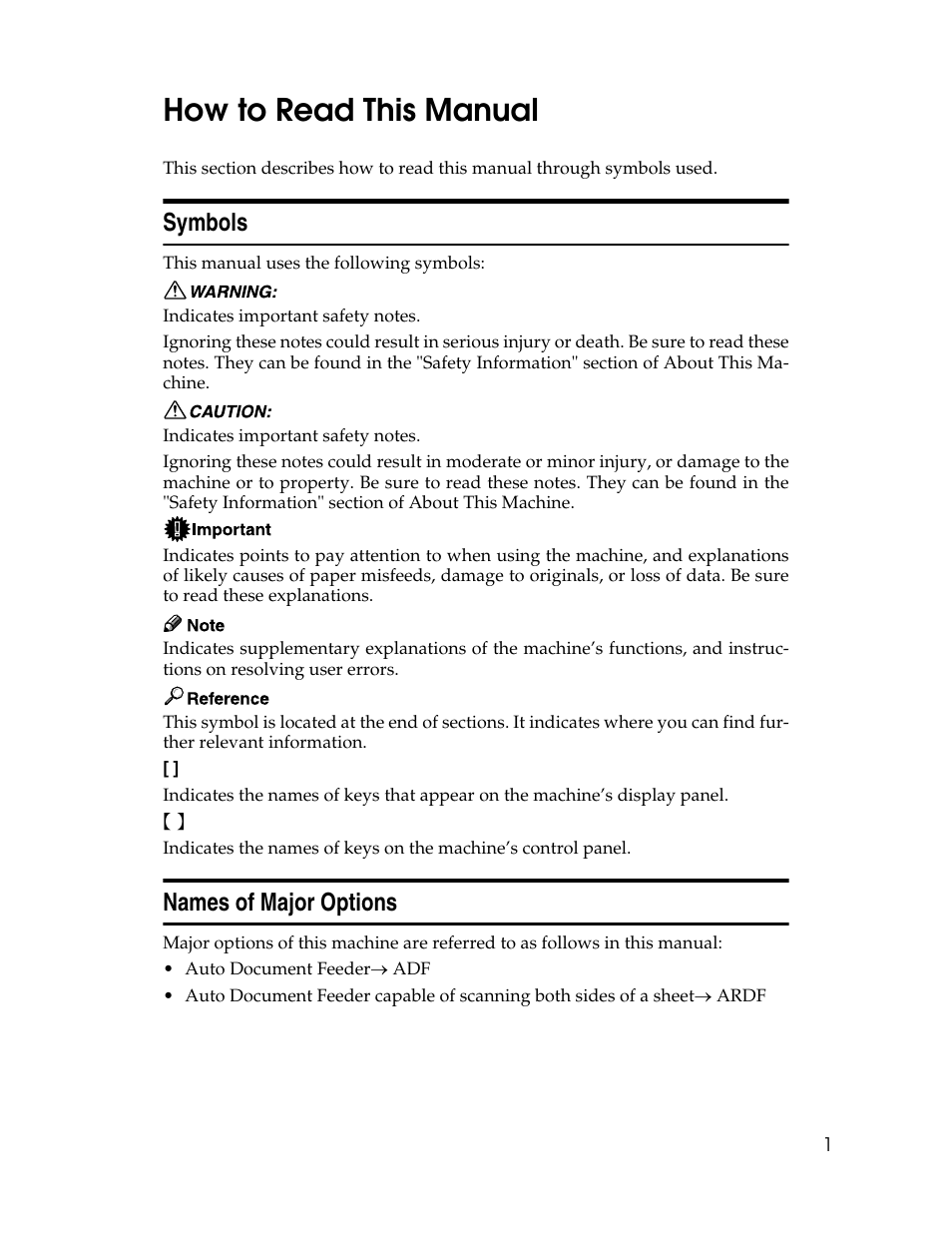 How to read this manual, Symbols, Names of major options | Symbols names of major options | Ricoh H5676 User Manual | Page 9 / 144