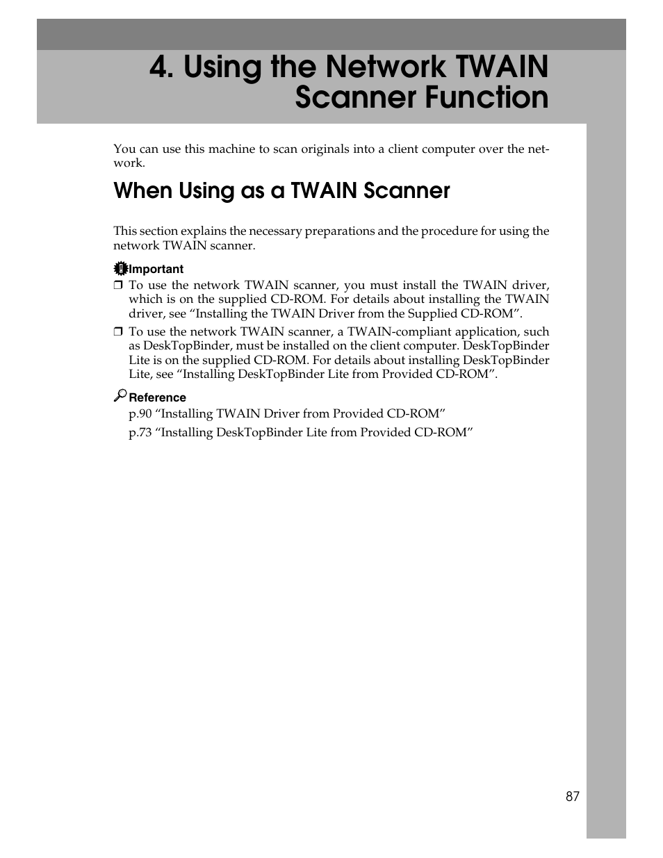 Using the network twain scanner function, When using as a twain scanner, P.87 “using the network twain scanner function | Ricoh H5676 User Manual | Page 95 / 144