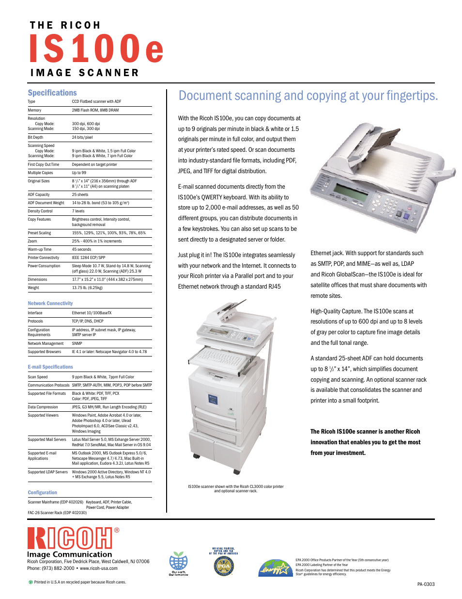I s 1 0 0 e, Document scanning and copying at your fingertips, Specifications | Ricoh IS100e User Manual | Page 2 / 2