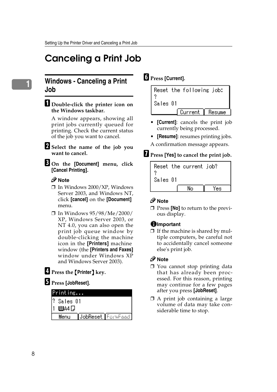 Canceling a print job, Windows - canceling a print job, 1canceling a print job | Ricoh Type 2018 User Manual | Page 14 / 54