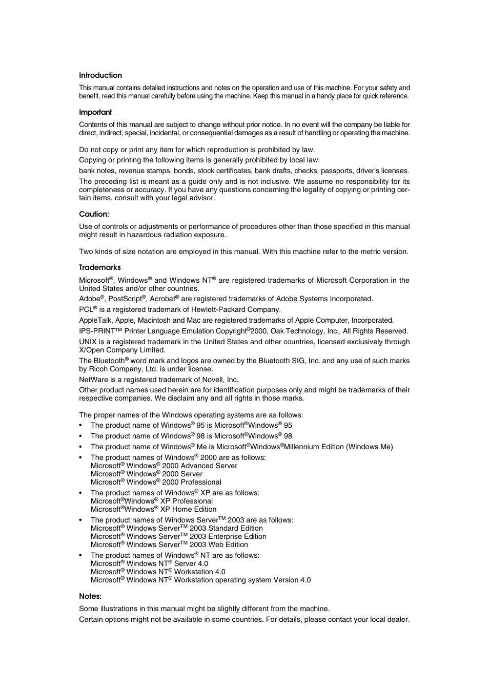Introduction, Important, Caution | Trademarks, Notes | Ricoh Type 2018 User Manual | Page 2 / 54